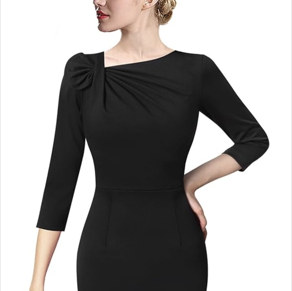 Elegant Black Dress - asymmetric bow neck - Picture 2 of 6